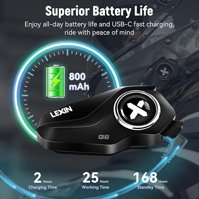 LEXIN G1 Motorcycle Bluetooth Headset, Helmet Speakers with 2 Type Mics, Hands-Free Call/Music/GPS, IP67 Waterproof Motorcycle Headphones with HD Stereo Loud Sound, 4 Color Faceplates, Singe Use