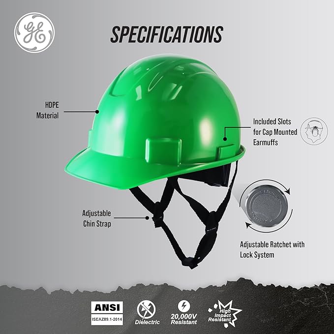 GE Cap Style Hard Hat, 4-Point Ratchet Suspension, Earmuff Slots, High Impact Resistant, Sweat-Wicking Sweatband, Meets ANSI Z89.1-2014, Comfortable, Durable, and Protective - Green, Non-Vented