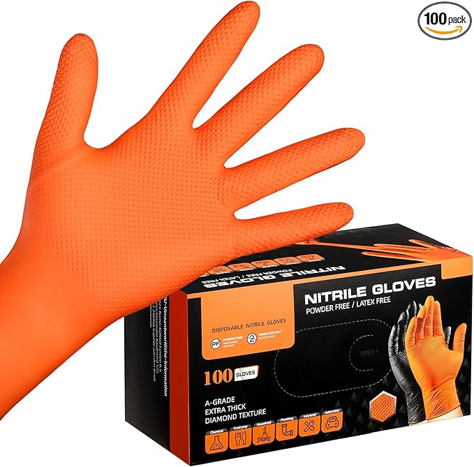 10 Mil Thick Chemical Resistant Orange Nitrile Gloves Large, 100 PCS Disposable Heavy Duty Mens Work Gloves with Grip for Women & Men Cleaning, Cooking, Gardening, Construction