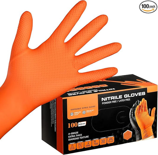 10 Mil Nitrile Gloves for Working, Cleaning, Cooking, 100 PCS Chemical Resistant Heavy Duty Disposable Orange Nitrile Gloves Work, Medium, Latex Free, Industrial Camping Essentials