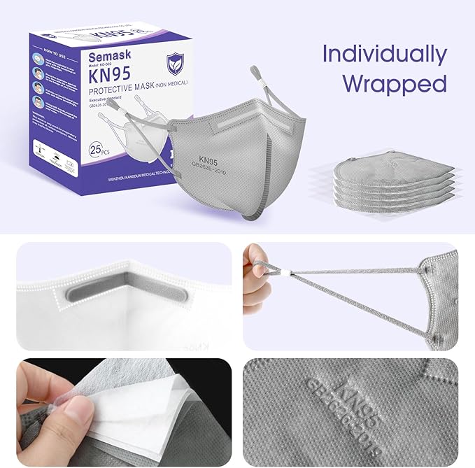 KN95 Adjustable Masks 25 Pack, Individually Wrapped Disposable Masks with Adjustable Ear Loops