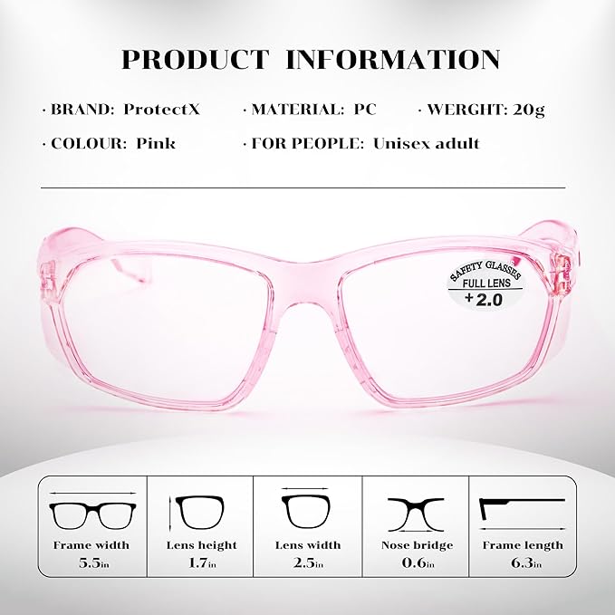 ProtectX Stylish Anti-Fog & Scratch-Resistant Safety Glasses With Readers, UV Protection Goggles, Anti-Impact Lightweight Glasses for Men＆Women Pink Reading 2.0
