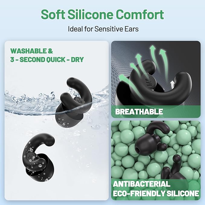 Ultra-Soft Noise Cancelling Ear Plugs, Reusable Silicone for Sleep Concerts Travel Office,33dB (NRR),Ergonomic Integrated Design Fit for Small Ear Canals Noise Sensitivity (Black, 4 Pairs)