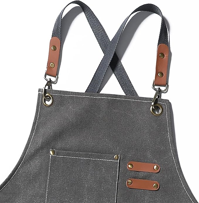Chef Apron Medium-Thick Cotton Canvas,Cross Back with Multiple Pockets Adjustable Work Apron for Men and Women (Grey)