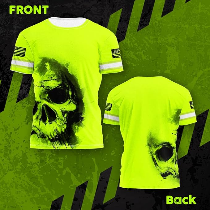 Matedecor Skull High Visibility Shirt Men Reflective Safety Shirts US Flag Custom Name Workwear, Runners, Walkers, Patriotic