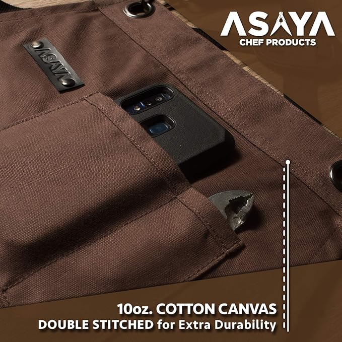 Asaya Chef and BBQ Apron with Bottle Opener and Hand Towel - 10oz Cotton Canvas, Stainless Steel Hardware - Cross Back Straps