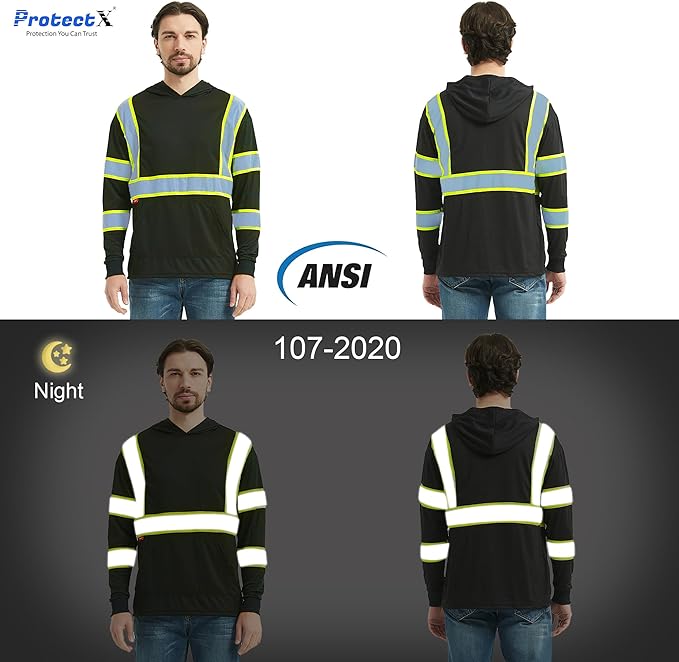 ProtectX Men's High Visibility Heavy Duty Long Sleeve Reflective Safety T-Shirts for Construction, Class 2-3 Type R