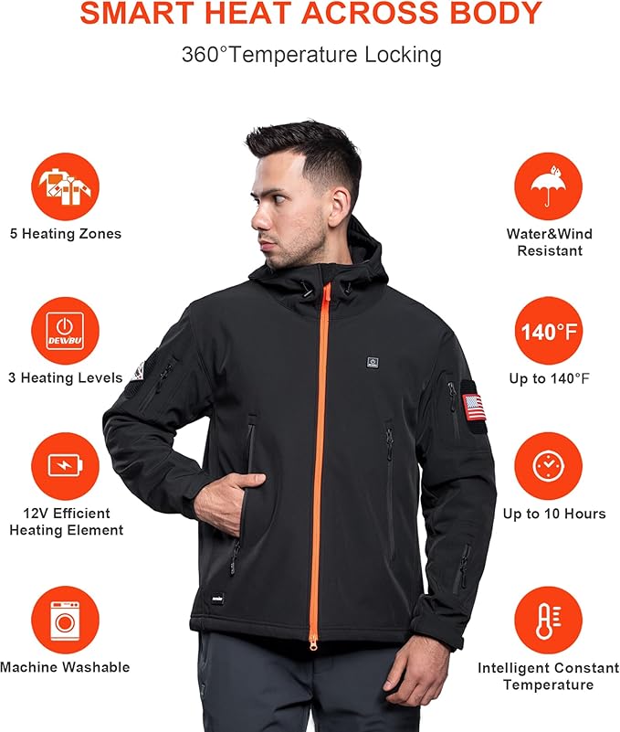 DEWBU Heated Jacket for Men with 12V Battery Pack Winter Outdoor Soft Shell Electric Heating Coat