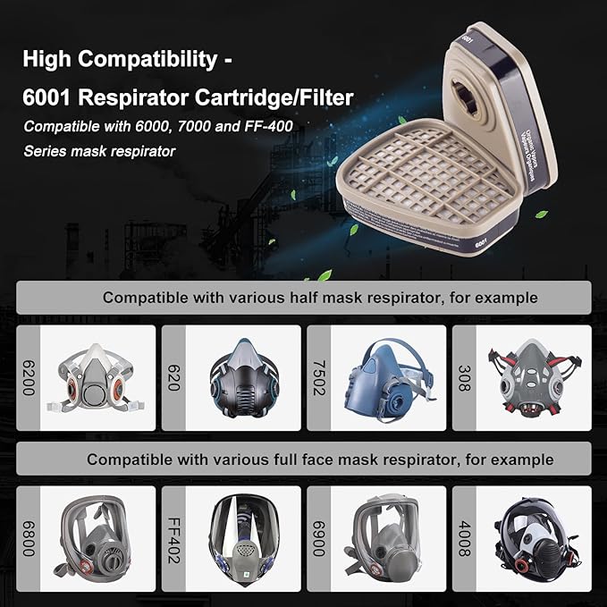 10 Pair 6001 Filter Cartridges for Respirator, Respirator Cartridges & Filters - Against Organic Vapor/Chemical/Paint, Respirator Filters Compatible with 6200, 6800, 6502, 7502, 4008 Series