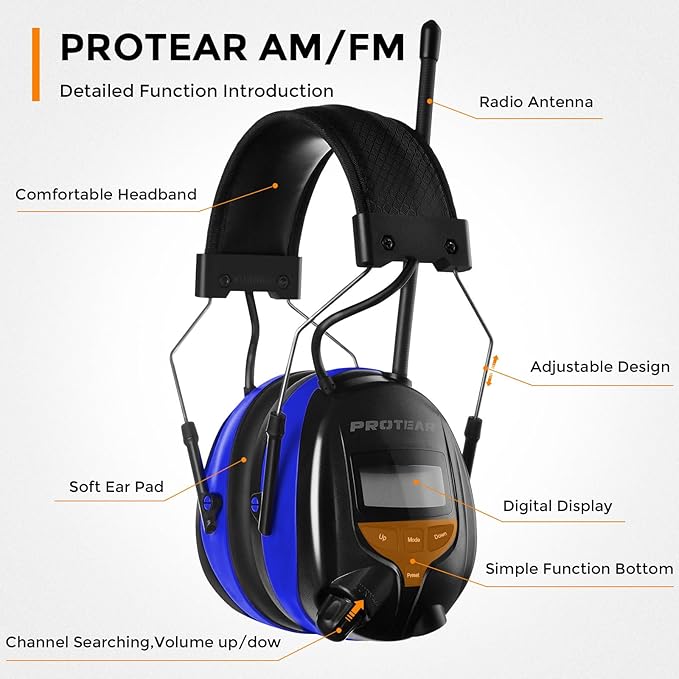 AM/FM Bluetooth Radio Headphones 25dB NRR,Noise Reduction Safety Earmuffs,Digital Display Headset,Built-in Mic,Rechargetable Ear Hearing Protection for Walkman Mowing,Lawn,Work(Blue)