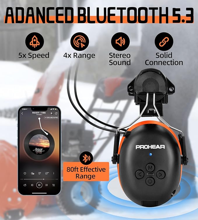 PROHEAR 037BR04 Bluetooth Hearing Protection with Adapter for 3M H-700 Hard Hats/DEWALT Hard Hat, 40H Playtime Safety Headphone for Construction Worker, Mowing - Orange