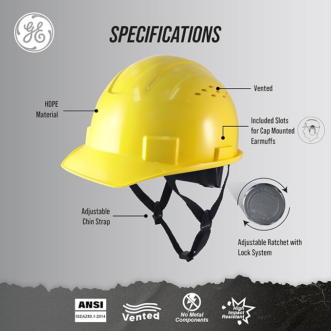 GE Cap Style Hard Hat, 4-Point Ratchet Suspension, Earmuff Slots, High Impact Resistant, Sweat-Wicking Sweatband, Meets ANSI Z89.1-2014, Comfortable, Durable, and Protective - Yellow, Vented
