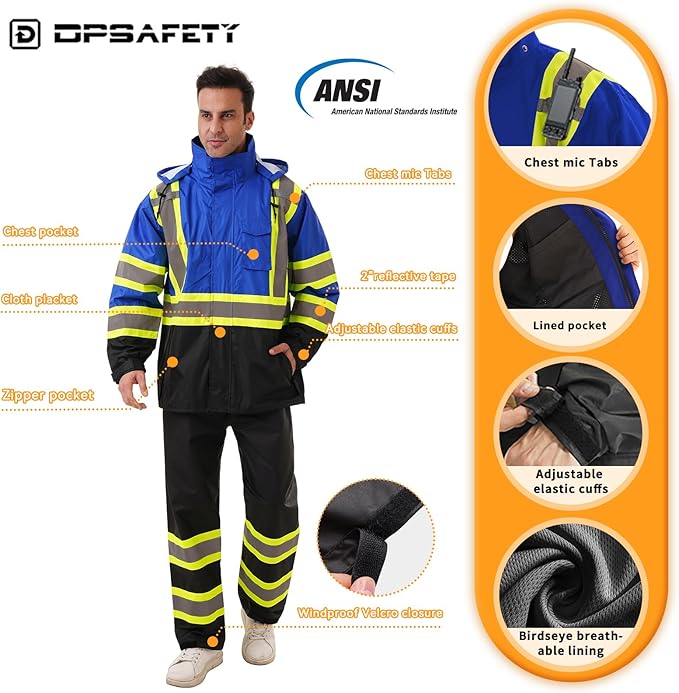 Hi Vis Safety rain Jacket，Reflective Class 3 Rain coat with Inner Mesh Lining and Pockets High Visibility Waterproof work Rain Suits for men&women（Blue,SM/MD）