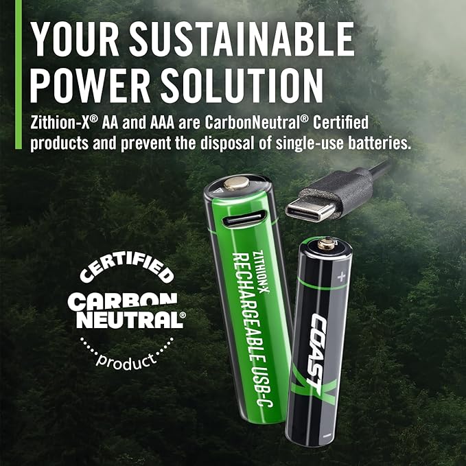 Coast AA USB-C Rechargeable Batteries, ZITHION-X, Lithium Ion 1.5v 2400 mAh, Long Lasting, Charges Under 2.5 Hours, Charging Cable Included, 4-Battery Pack