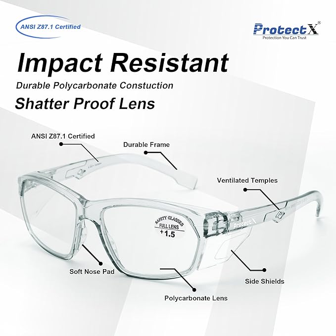 ProtectX Stylish Anti-Fog & Scratch-Resistant Safety Glasses With Readers, UV Protection Goggles, Anti-Impact Lightweight Glasses for Men＆Women Charcoal Reading 1.5-6 Pack
