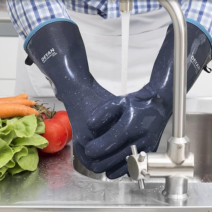 DEYAN Silicone BBQ Gloves, 932°F Heat Resistant Oven Gloves with Fingers, Kitchen Waterproof Hot Proof Glove for Fryer, Smoker, Baking, Cooking, Cutting(8/M)