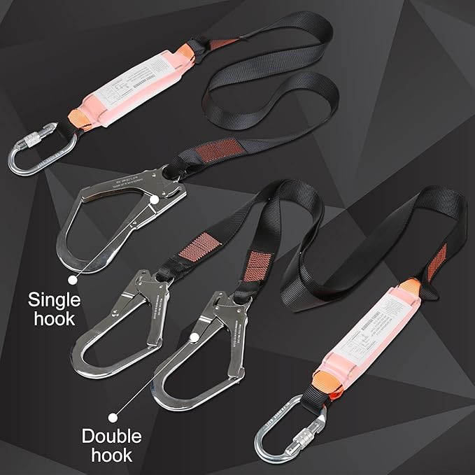 KSEIBI 422006 Single Leg Snap Hook and Two Scaffolding Hook w 6-Foot Internal Shock Lanyard Fall Protection Equipment for Safety Harness