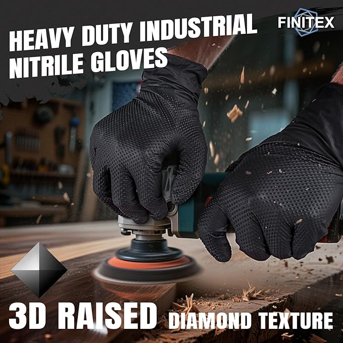FINITEX Disposable Industrial Diamond Texture Nitrile Glove - Chemical Resistant Heavy Duty 6.3mil Mechanic Automotive Gloves