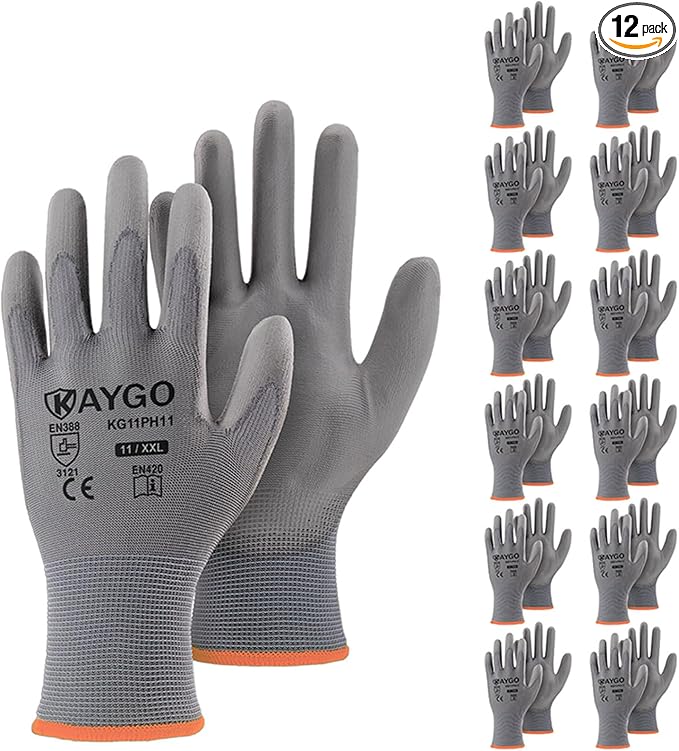 KAYGO Safety Work Gloves PU Coated-12 Pairs, KG11PB, Seamless Knit Glove with Polyurethane Coated Smooth Grip on Palm & Fingers, for Men and Women (2X-Large, Grey)