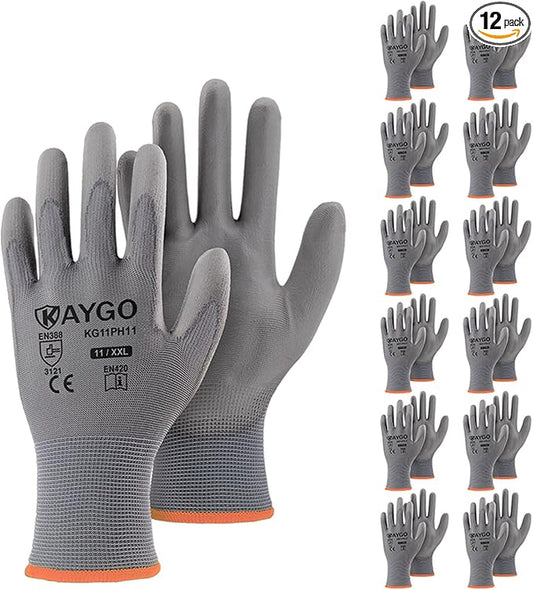 KAYGO Safety Work Gloves PU Coated-12 Pairs, KG11PB, Seamless Knit Glove with Polyurethane Coated Smooth Grip on Palm & Fingers, for Men and Women (2X-Large, Grey)