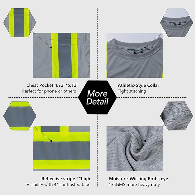 VENDACE Men's High Vis Safety Work T Shirt ANSI Class 1 Reflective Long Sleeve Shirt with Pocket(Grey,4XL)