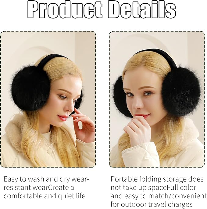 Ear Muffs for Winter Women Men, Adjustable Faux Fur Earmuffs, Fluffy Ear Warmers, Foldable Ear Warmer Earmuffs