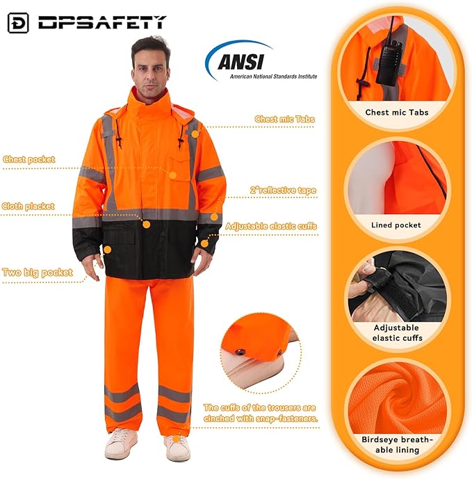 Hi Vis Safety rain Jacket，Reflective Class 3 Rain coat with Inner Mesh Lining and Pockets High Visibility Waterproof work Rain Suits for men&women（Tangerine,SM/MD）