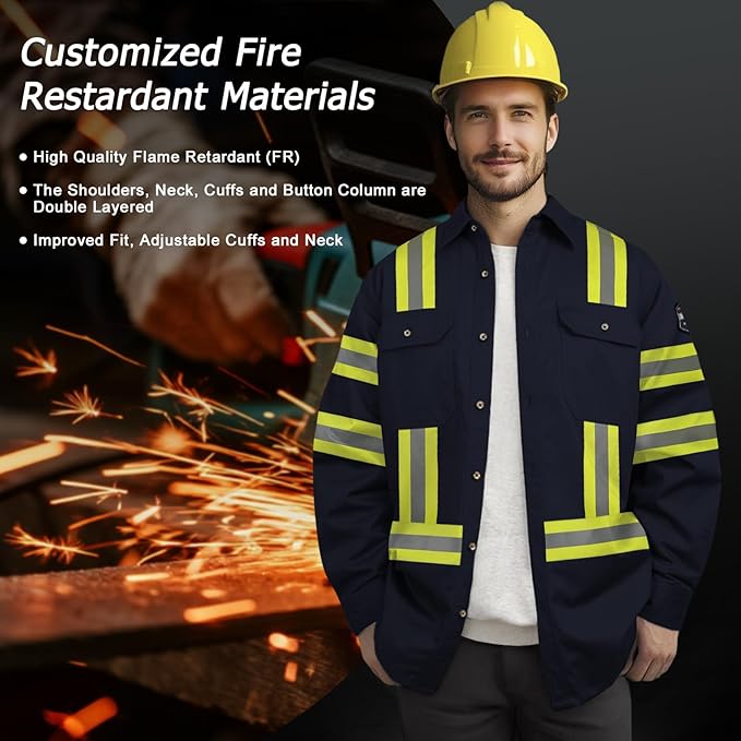 Welding Shirts for Men 7.5oz FR Shirts, 100% C High Vis Flame Resistant FR Jackets for Men, Men's Fire Retardant Welding Shirt, Durable FR Clothes, Meets NFPA2112, Navy-ZRWD 3XL