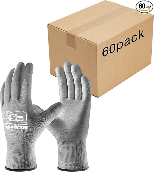 COOLJOB 60 Pairs Safety Work Gloves Pack Bulk with Grip PU Coating, 13 Gauge Seamless Knit Gloves with Polyurethane Dipped for Warehouse Working, Breathable Lightweight for Men Women, Grey Xlarge