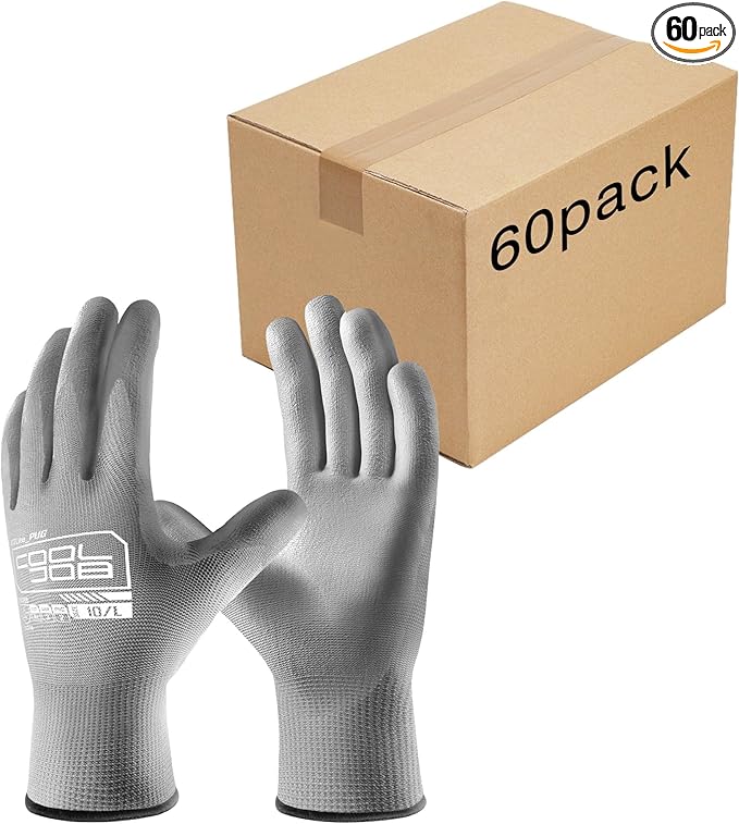COOLJOB 60 Pairs Safety Work Gloves Pack Bulk with Grip PU Coating, 13 Gauge Seamless Knit Gloves with Polyurethane Dipped for Warehouse Working, Breathable Lightweight for Men Women, Grey Medium