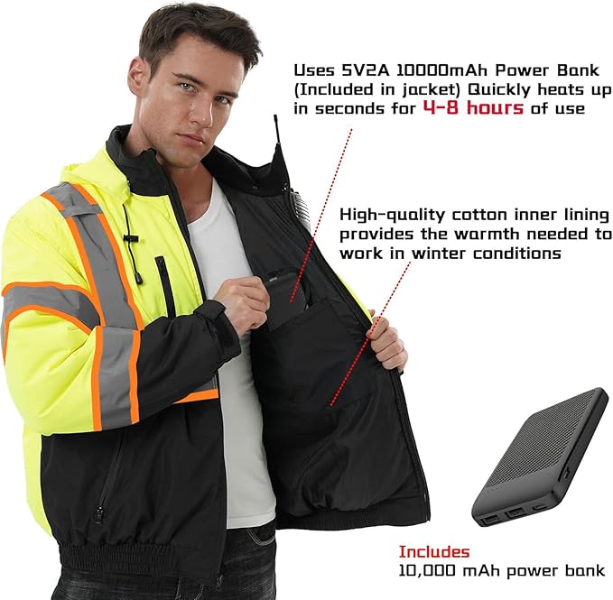 SKSAFETY Heated Safety Bomber Jacket, Class 3 Hi-Vis Waterproof Coat, 3M Reflective Tape, Work Construction Coats