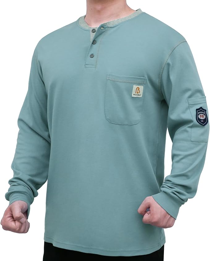BOCOMAL FR Shirts for Men CAT2 5.5oz Long Sleeve Henley Workwear Flame Resistant Fire Retardant Shirt