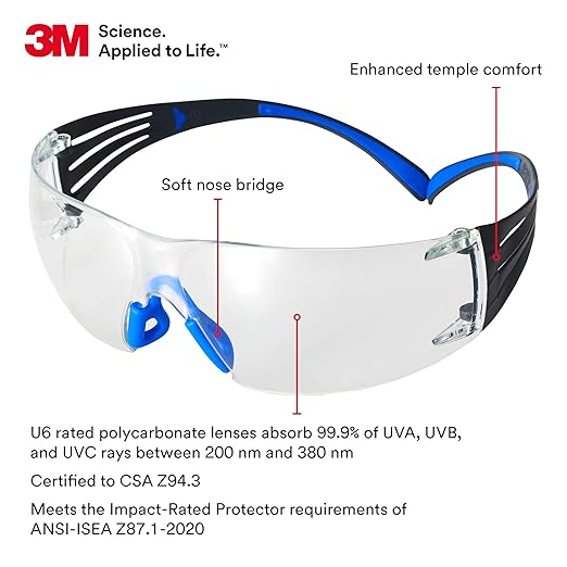 3M Safety Glasses for Men and Women, SecureFit 400, 20 Pack, ANSI Z87, Scotchgard Anti-Fog Anti-Scratch, Clear Lens, Blue/Gray Frame, Flexible Temples, UV Protection, Polycarbonate Lens