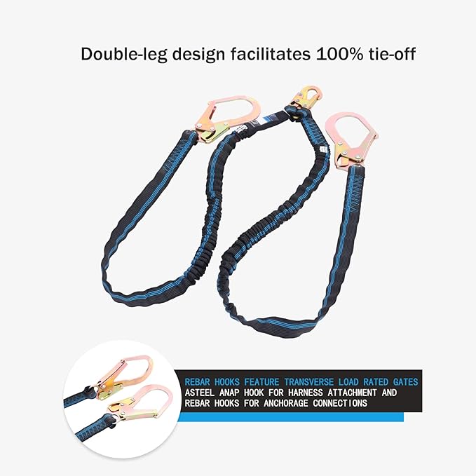 6FT Double Leg Safety Harness Lanyard, Abrasion Resistant Internal Shock Absorbing Fall Protection Lanyard with Dual Rebar & Snap Hook, OSHA/ANSI Compliant, Construction Arborist Roofing