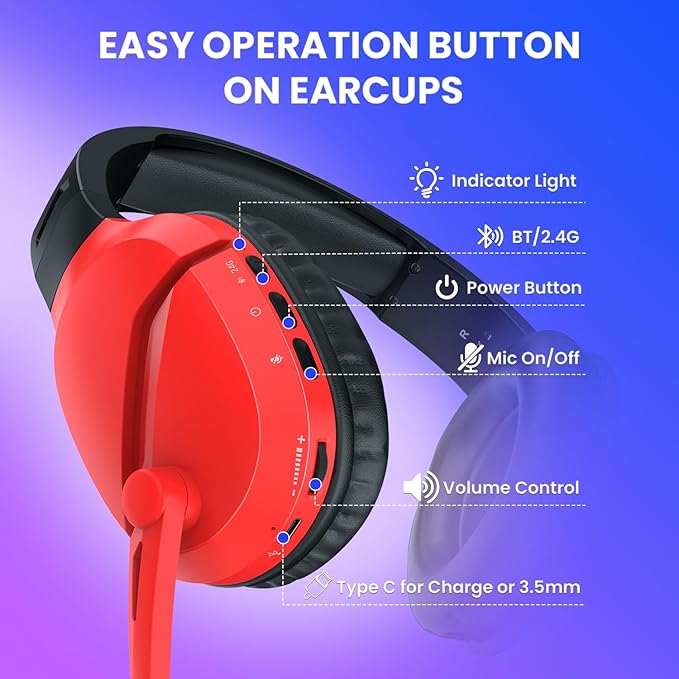 Wireless Gaming Headset with Noise Canceling Microphone for PS5, PC, PS4, 2.4G/Bluetooth Gaming Headphones with USB and Type-c Connector, Wired Mode for Controller - Blue and Red