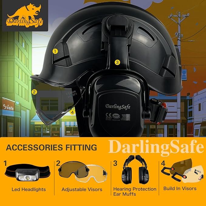 Hard Hat with Visor Ear Muffs Vented Safety Helmet with Visor Earmuffs ANSI Z89.1 Outdoor Work Hardhats Construction
