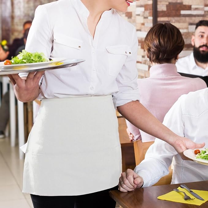 Long Server Apron with 2 Pockets, Extra Long Tie, Lightweight Half Aprons for Men Women Waiter Waitress Chef