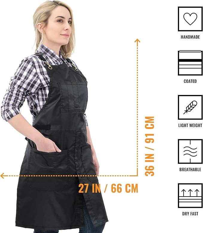 Under NY Sky Cross-Back Panther Black Apron – Coated Twill with Leather Reinforcement and Split-Leg – Adjustable for Men and Women – Pro Barber, Tattoo, Hair Stylist, Barista, Bartender, Server Aprons