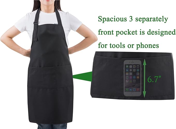 (2 set Black Professional Resist Water Adjustable Extra Long Bib Apron 3 Pockets Home Kitchen Garden Restaurant Cafe Bar Pub Bakery for Cooking Chef Baker Servers Craft Unisex
