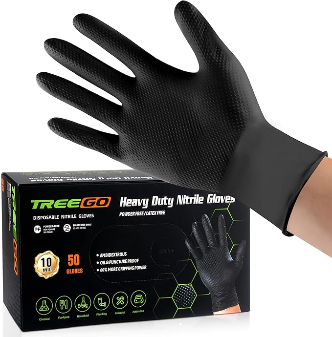 TREEGO Black Nitrile Gloves 10 Mil Heavy Duty Disposable Latex Free – Diamond Grip for Industrial, Construction, Mechanic