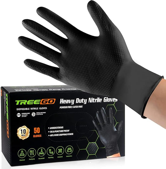 TREEGO Black Nitrile Gloves 10 Mil Heavy Duty Disposable Latex Free – Diamond Grip for Industrial, Construction, Mechanic