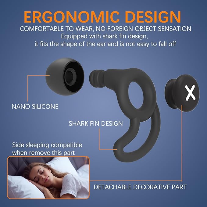 Ear Plugs for Sleeping Noise Reduction, Side Sleep Compatible Comfort Fit Soft Silicone Reusable Earplugs for Concerts Noise Reduction Hearing Protection, with 6 Ear Tips in S/M/L (Black, L)