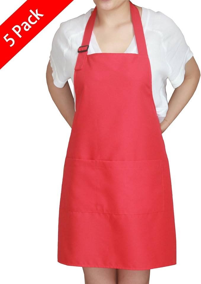 ChristmasRed Professional Waterdrop Resistant Adjustable Extra Long Bib Apron 3 Pockets(5 SET) Kitchen Garden Restaurant Cafe Bar Pub Bakery for Cooking Chef Baker Servers Craft Unisex