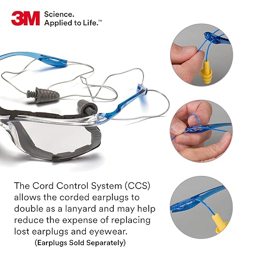 3M Safety Glasses, Virtua CCS, ANSI Z87, Anti-Fog, Indoor/Outdoor Mirrored Lens, Blue Frame, Corded Ear Plug Control System, Removable Foam Gasket (Pack of 2)