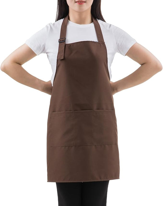 Brown Professional Resist Water Adjustable Extra Long Bib Apron 3 Pockets Home Kitchen Garden Restaurant Cafe Bar Pub Bakery for Cooking Chef Baker Servers Craft Unisex