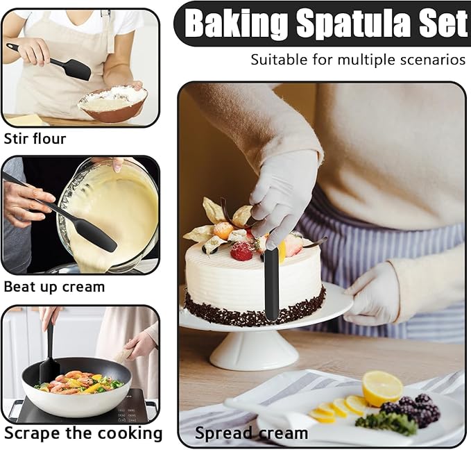 Oven Mitts with Heat-Resistant Hot Pads and Five Silicone Spatulas Designed for Kitchen Baking Cooking, Oven Glove Soft Cotton Lining, Waterproof, BPA-Free (Black, 12.6)