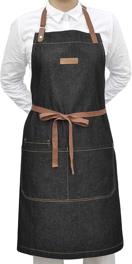 Denim Kitchen Apron with Pockets, Mens Womens Professional Chef Bib Apron for Cooking Grill BBQ Server