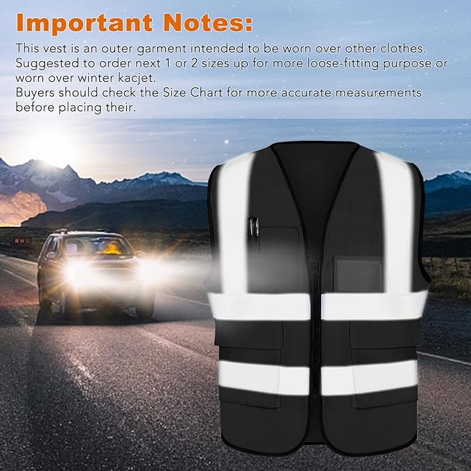 XPCARE 2-Pack Reflective Safety Vests with Pockets,Hi Viz Zipper Front Safety Vest,High Visibility Reflective Strips Working Vest-Black(Medium)