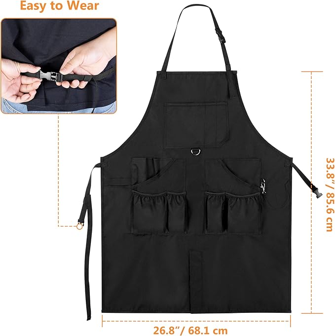 Large BBQ Grilling Apron, Cooking Apron for Men with Pockets & Slit Hem, Kitchen Apron with Adjustable Neck Strap for Men & Women, Work Apron for Chef, Barber, Painter, Carpenter, Apron Only