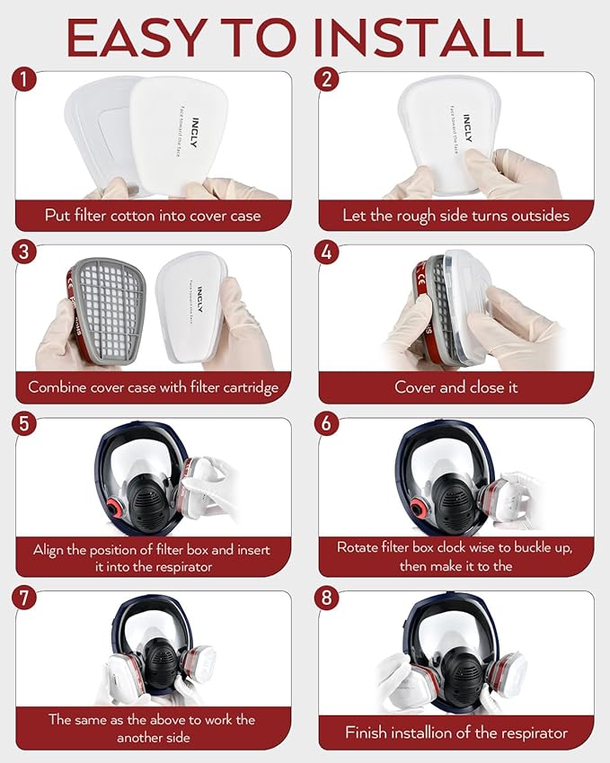 INCLY Full Face Respirator Mask, Safe Gas Masks Cover with Asbestos & Filter Reusable for Against Smoke, Dust, Chemical, Paint, Sanding, Welding, Vapors,Hazmat, Logging